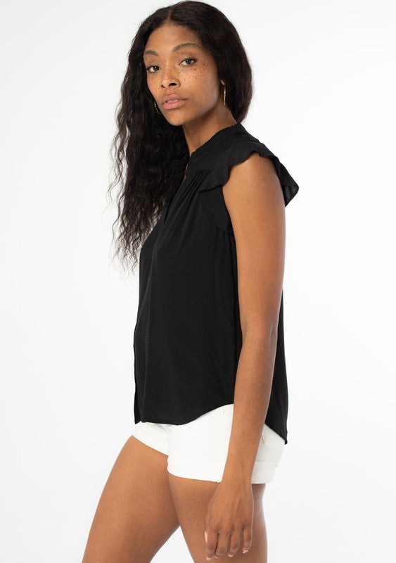 Short Sleeve Button Down Top With Ruffled Sleeves