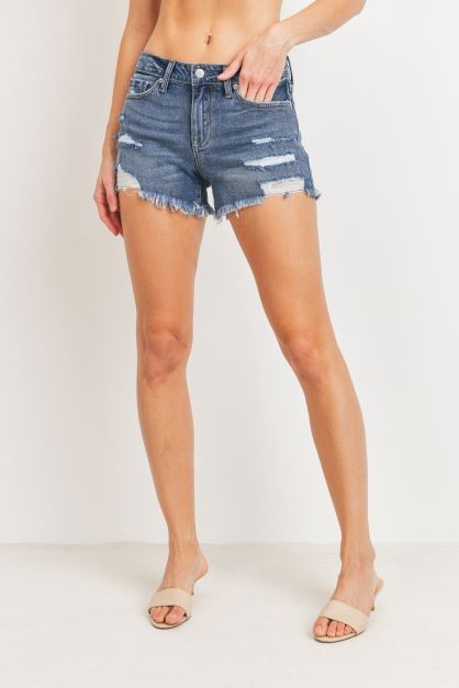 Denim shorts with rips.