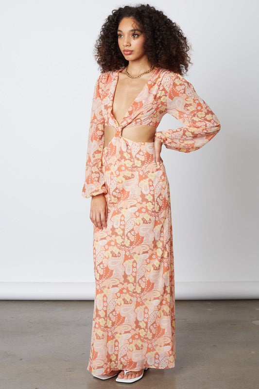 Paisley Maxi Long Sleeve Dress With Waist Cut Outs