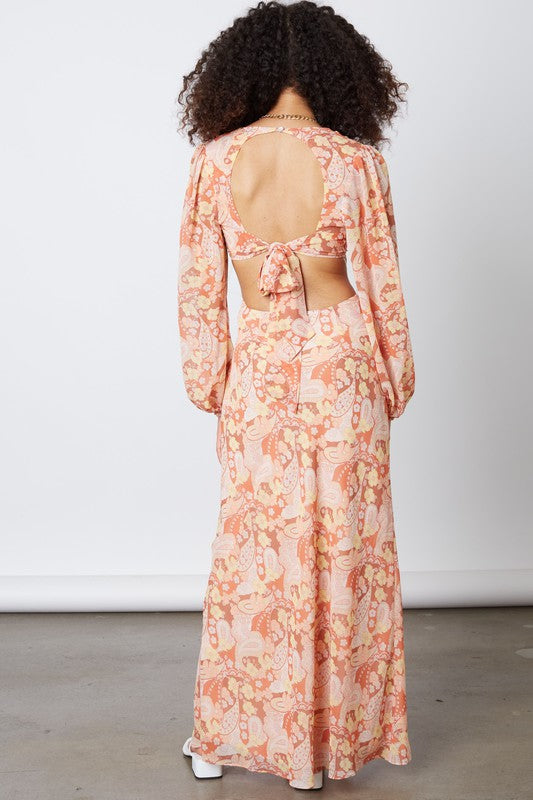 Paisley Maxi Long Sleeve Dress With Waist Cut Outs