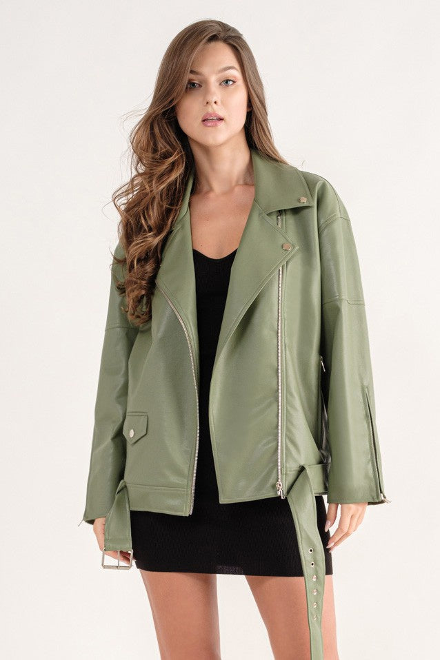Featuring an over sized biker jacket with an added belt at the bottom and comes in colors Olive and Blue 