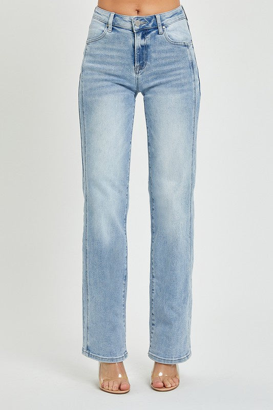 Mid rise straight leg jeans.