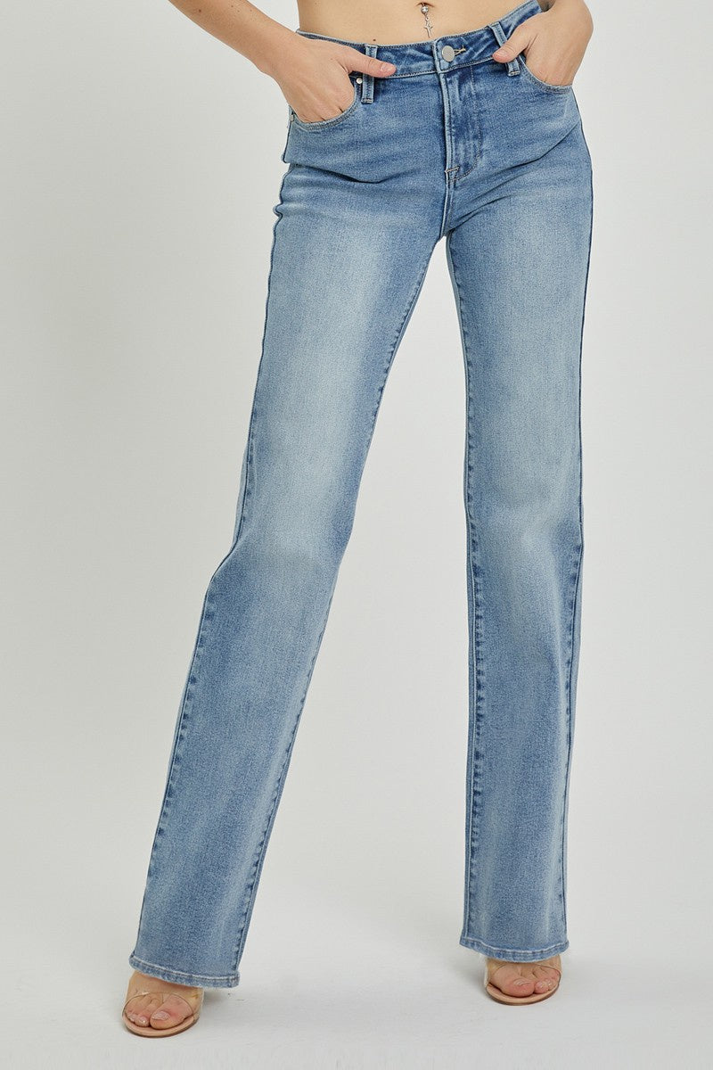 Mid rise denim jeans with a straight leg.