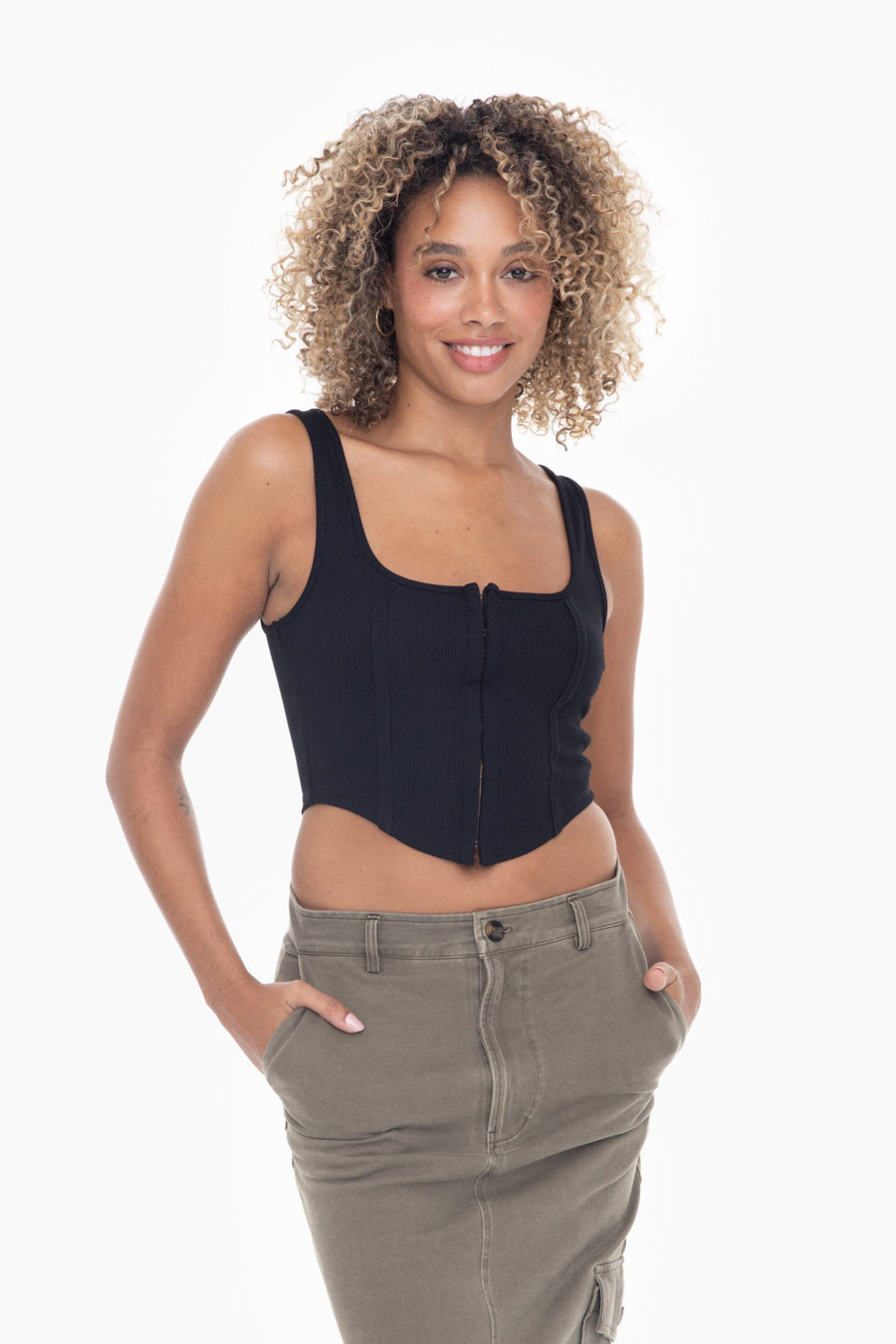 Featuring a ribbed tank top with clasps down the front in the color black 