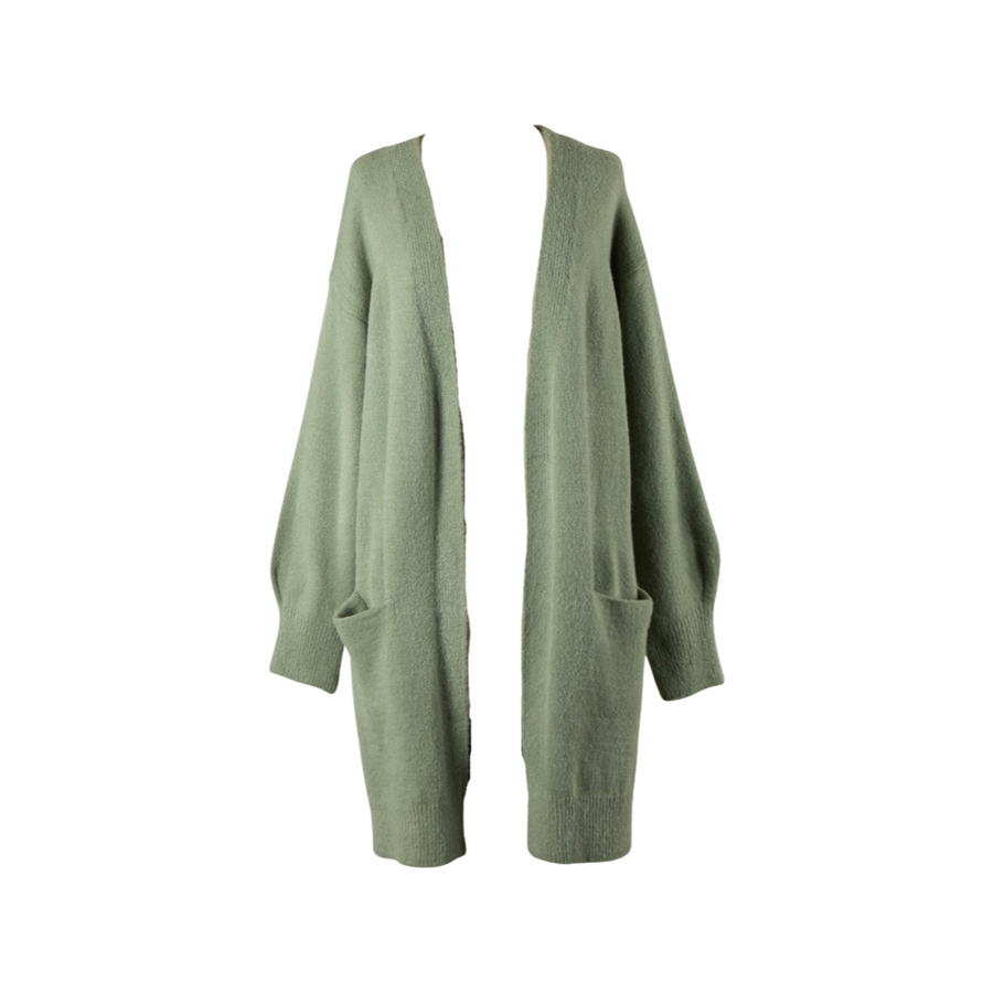 Long Sleeve cardigan sweater with pockets in the color moss. 
