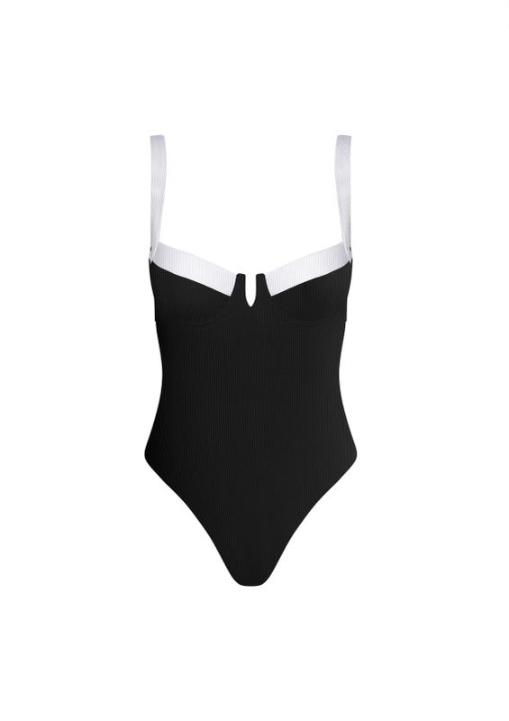 Swim one piece with contrast detail on bra cups and straps.