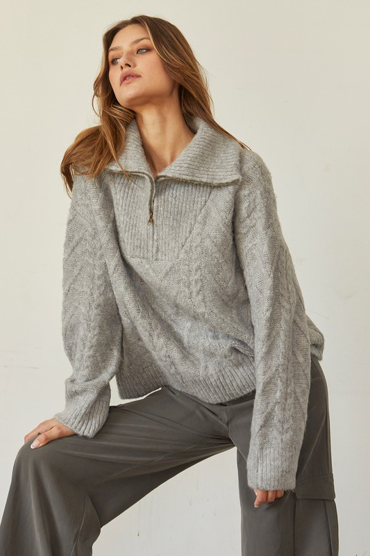 Model is wearing a grey half zip-up sweater.