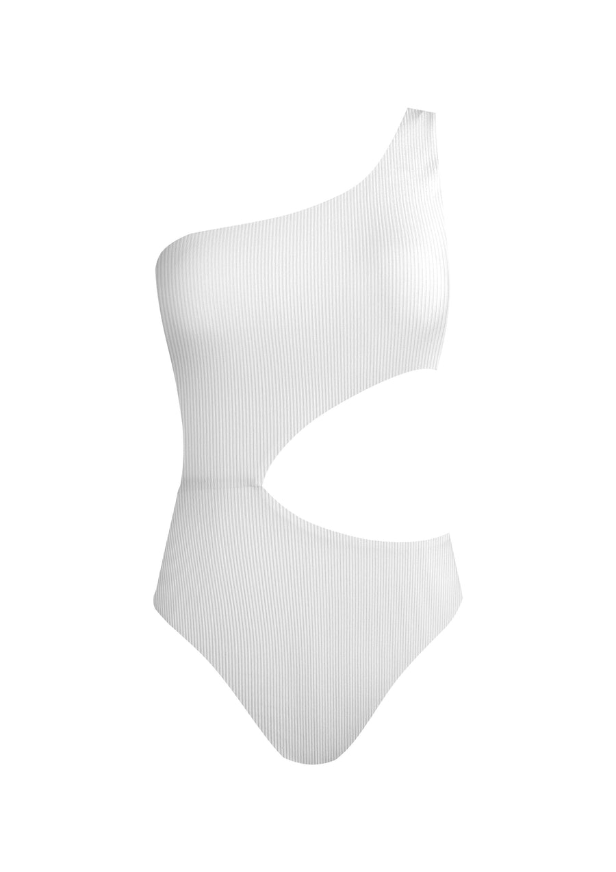 White one piece bathing suit with side cut out.