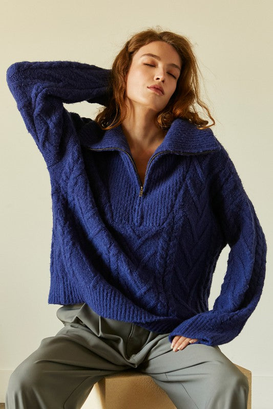 Model is wearing a blue half zip-up sweater.