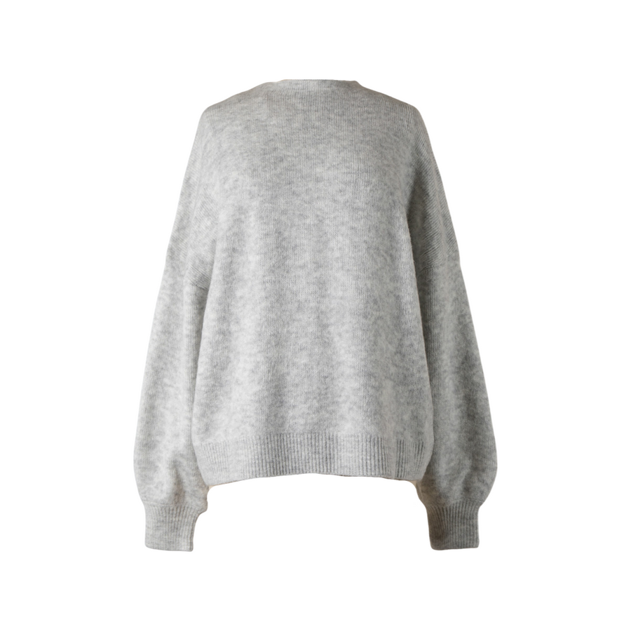 Grey long sleeve sweater with a round neckline.