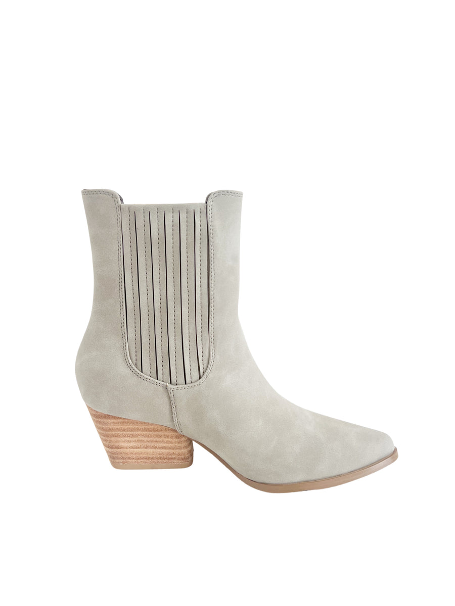 Grey suede above the ankle boots with a small light wooden heel