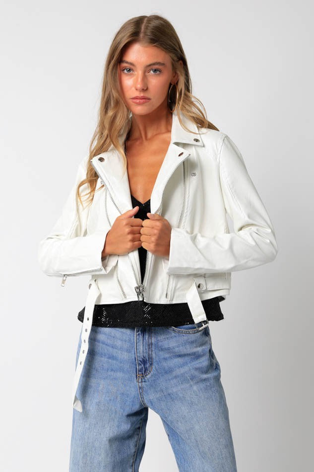 White leather jacket with zip closure.
