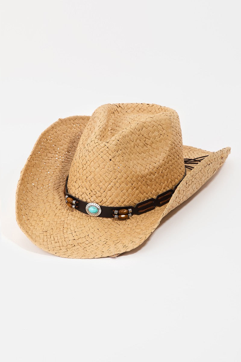 Khaki hat with a straw braid western strap