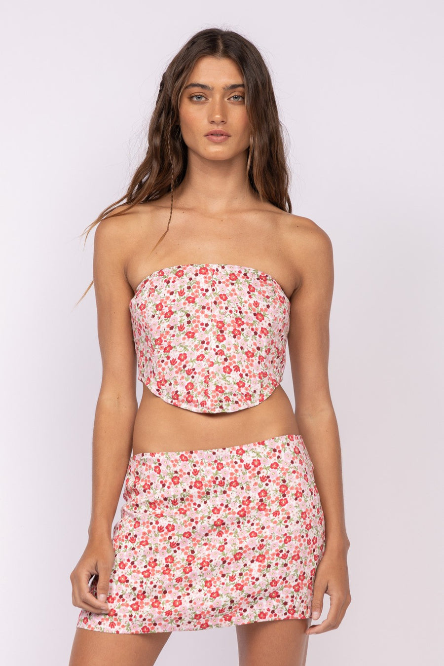 Strapless floral cropped  tube top in the color multi narcissus.