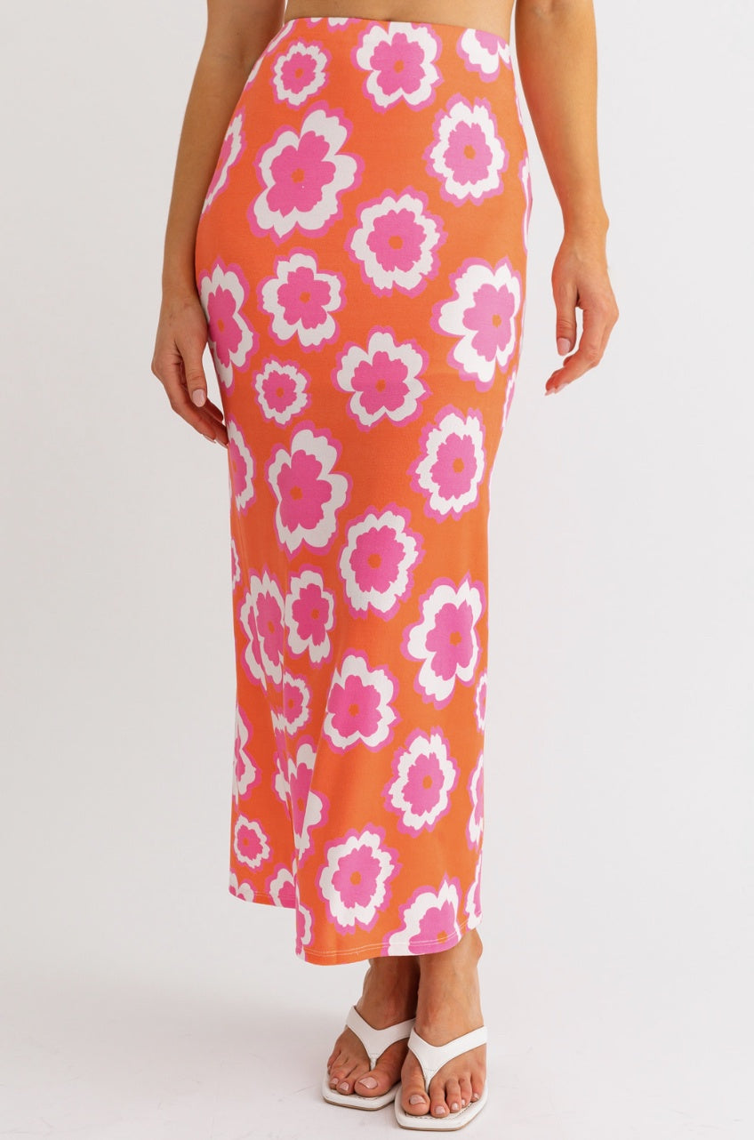 Orange pink maxi skirt with print.