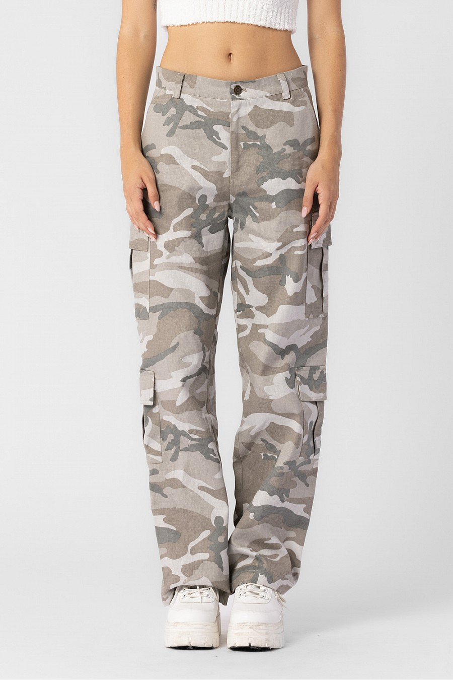 Grey camouflage cargo pants.