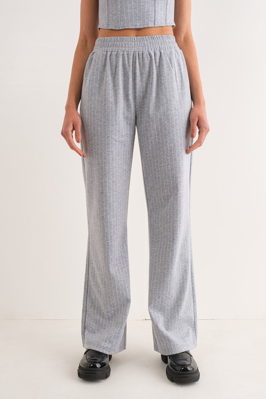 Heather Grey pinstripe pants with elastic waistband.