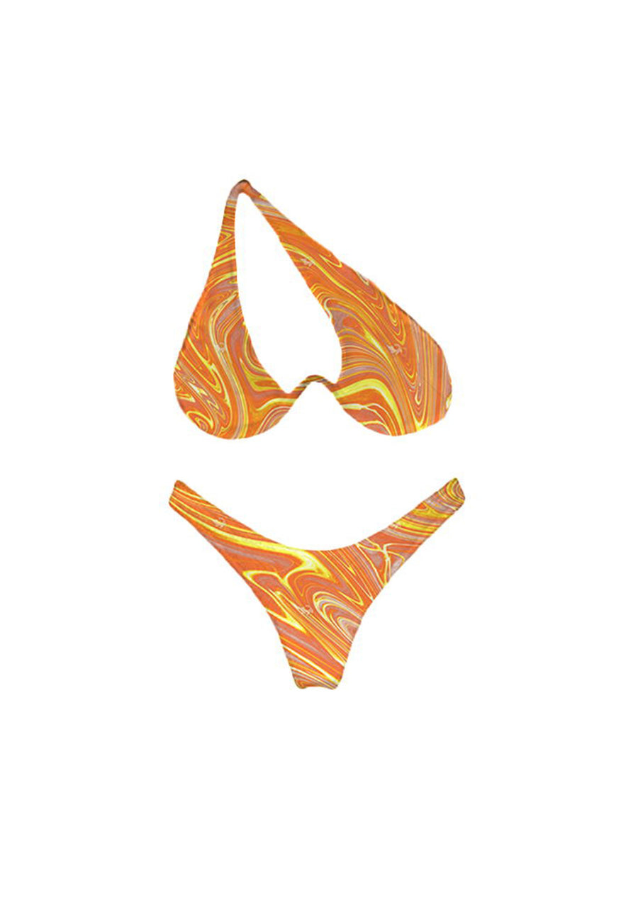 One shoulder cut out bikini with marble design.
