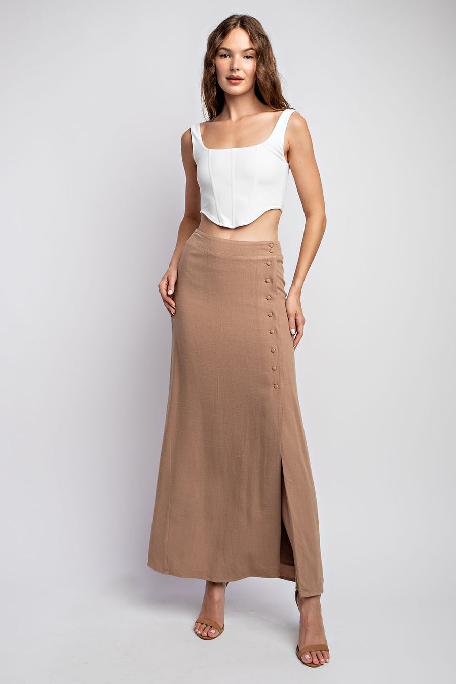 Linen maxi skirt with front slit and buttons