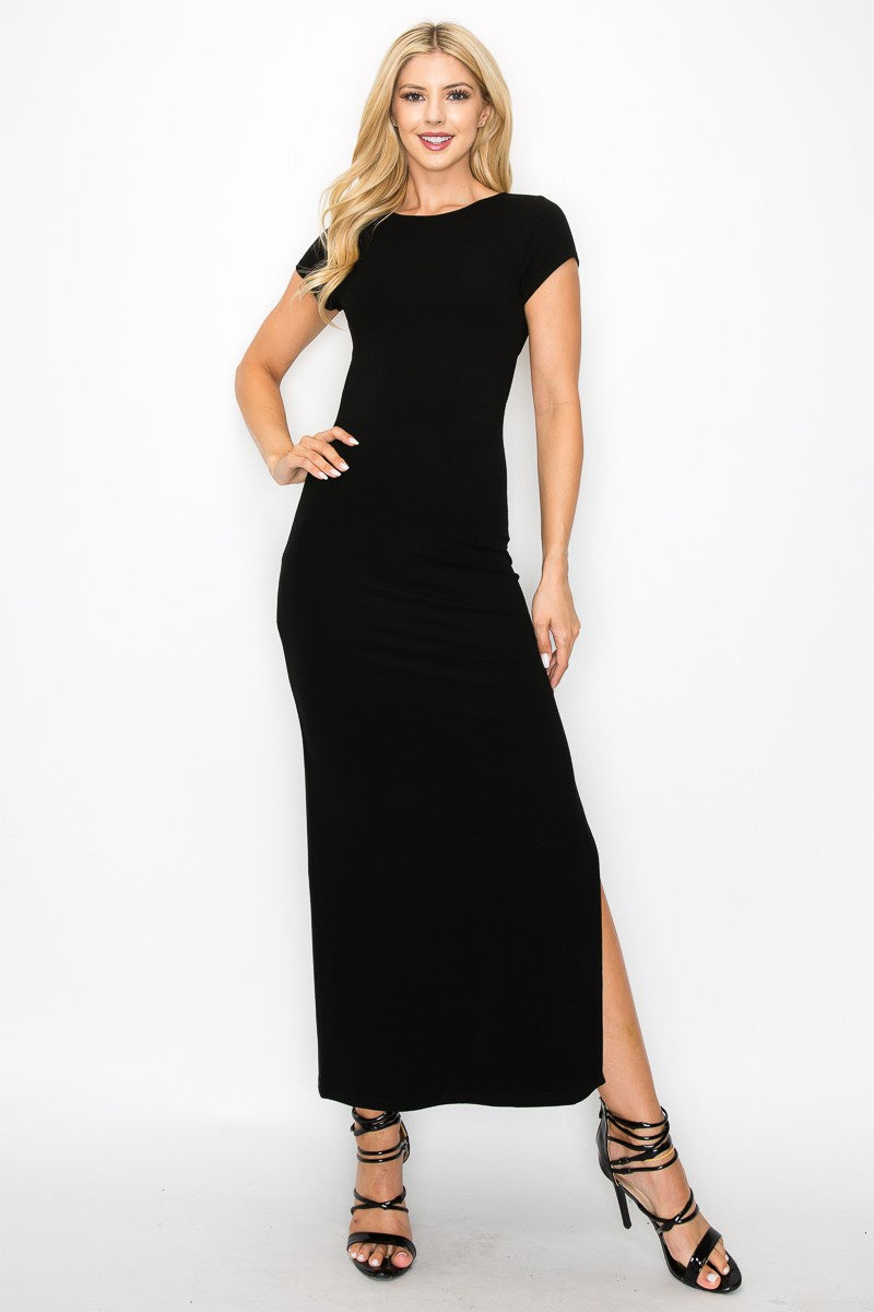 Cap sleeve maxi dress with open back and side slit.
