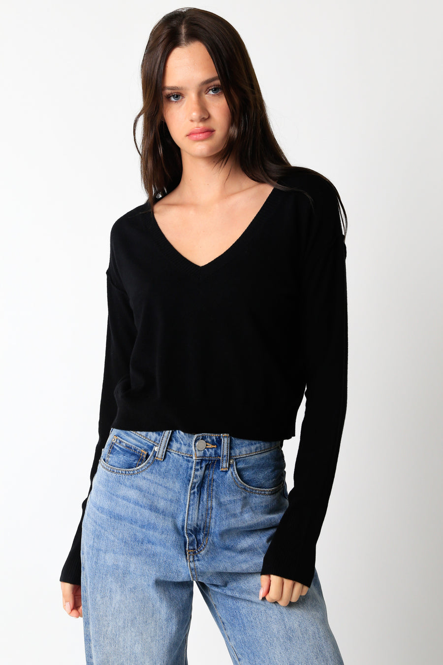 Long sleeve sweater with v neckline.