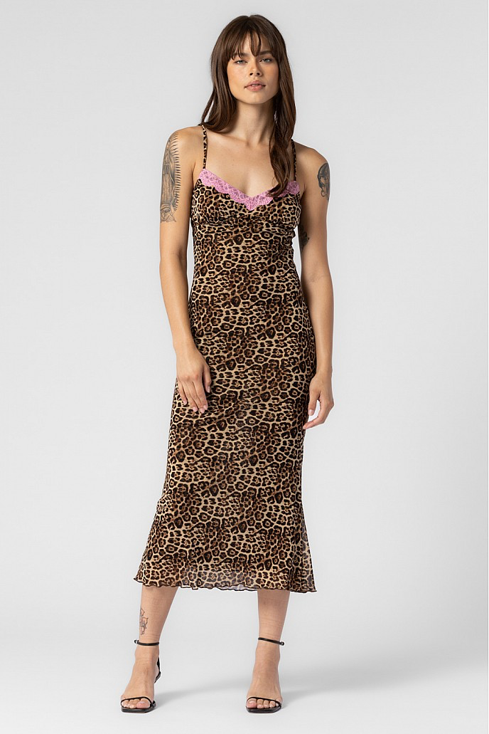 Leopard midi dress with a mesh lace trim on the neck line. 