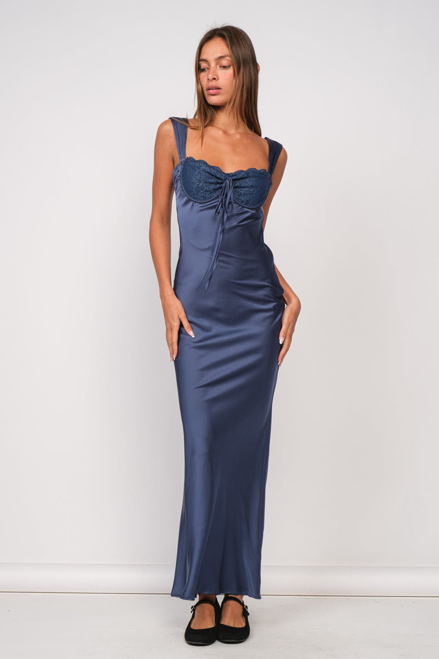 Navy maxi dress with embroidered bra. 
