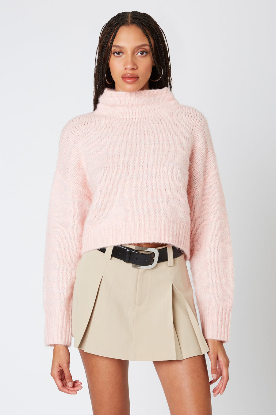 Turtle neck ribbed sweater in the color Blush. 