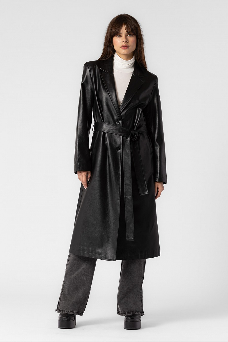 Black trench coat with belt. 