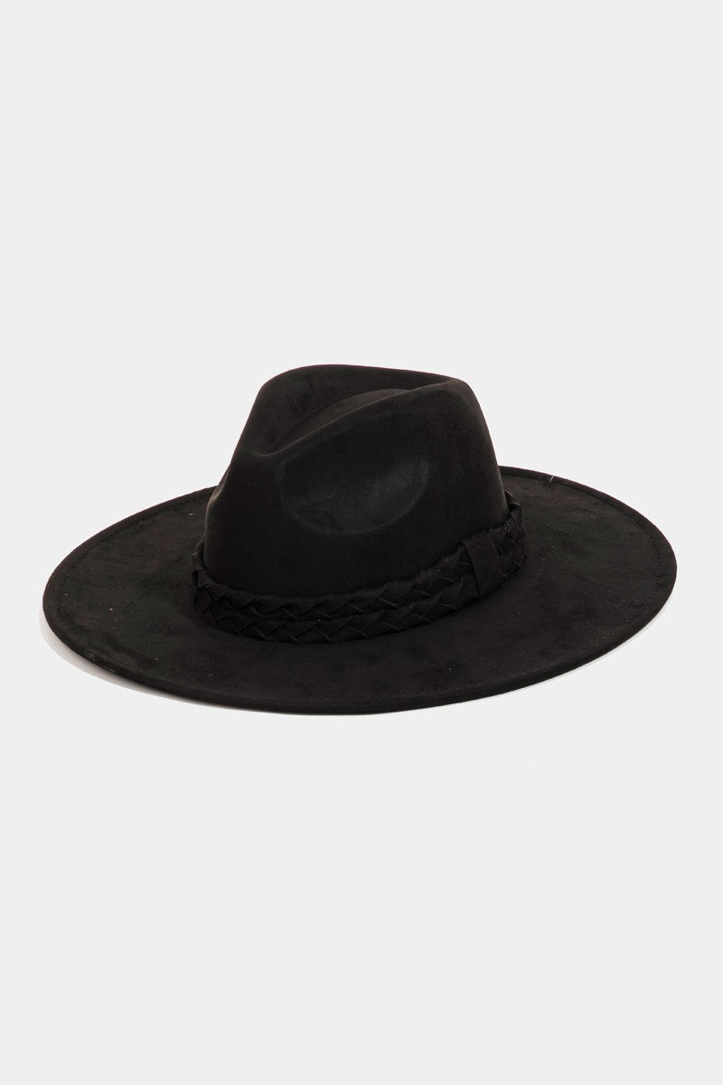 Black fedora hat with braided strap. 