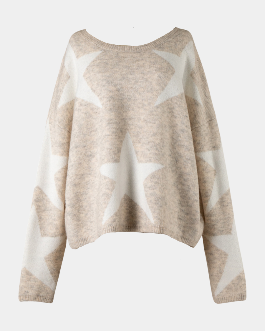 Taupe star printed sweater with round neck. 
