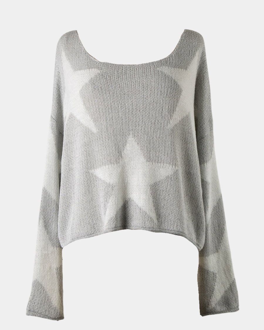 Grey boat neck sweater with a star print in the color grey. 