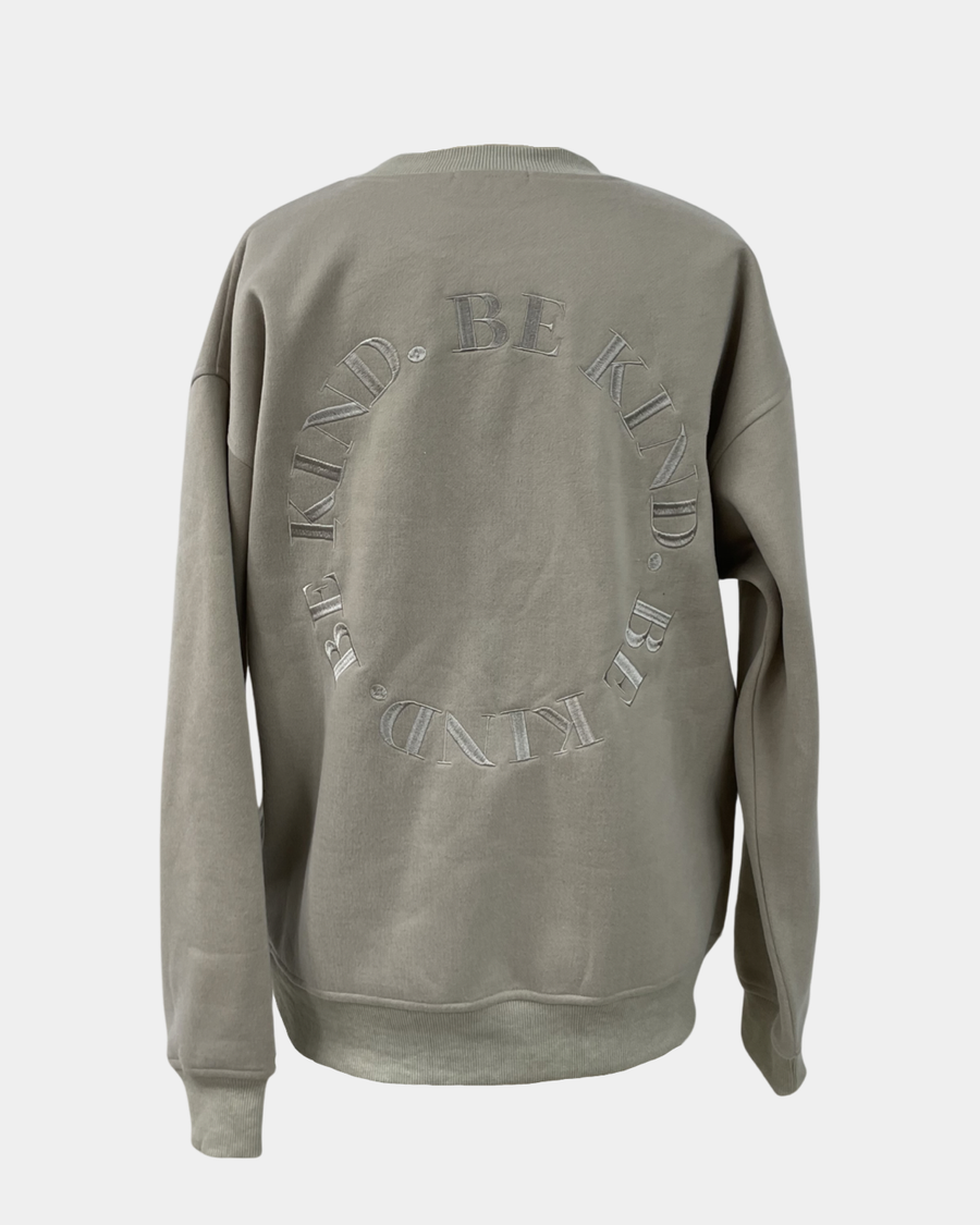 Taupe sweatshirt with embroidery in the back. 