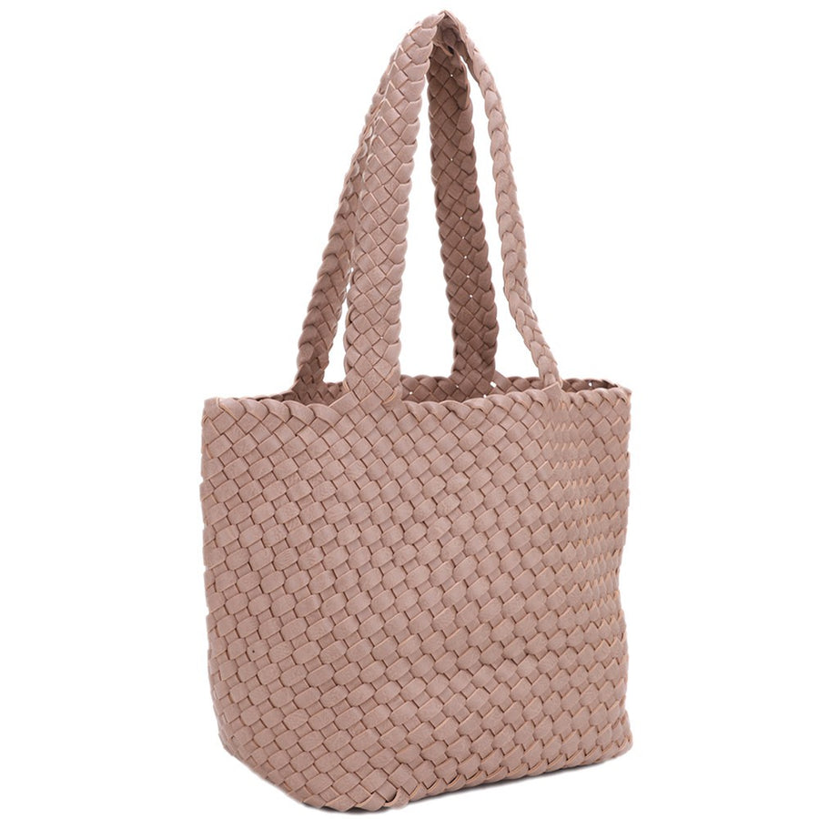 Taupe woven tote bag. 