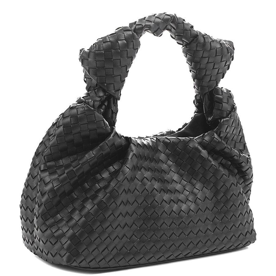 Black woven bag with knots on the strap. 