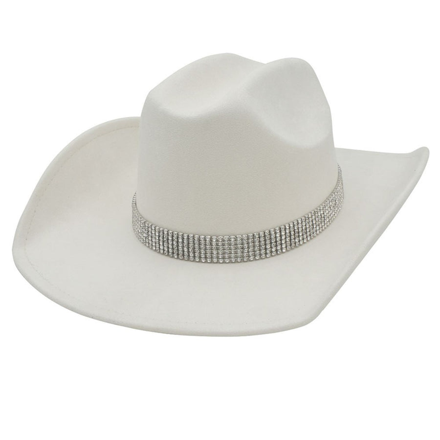 Cream cowboy hat with a rhinestone band. 