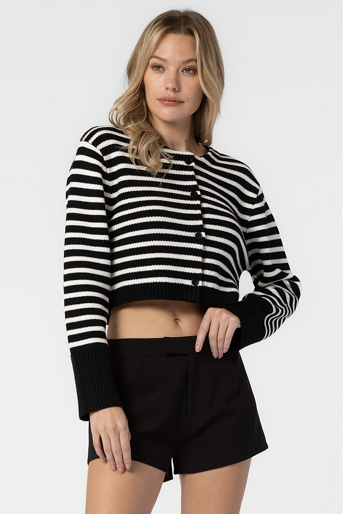Black/White cropped cardigan sweater with stripes. 