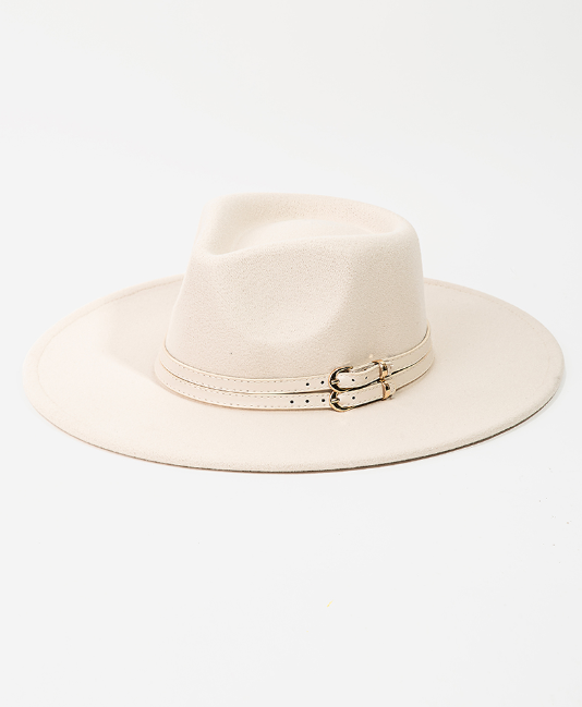 Ivory hat with adjustable strap. 