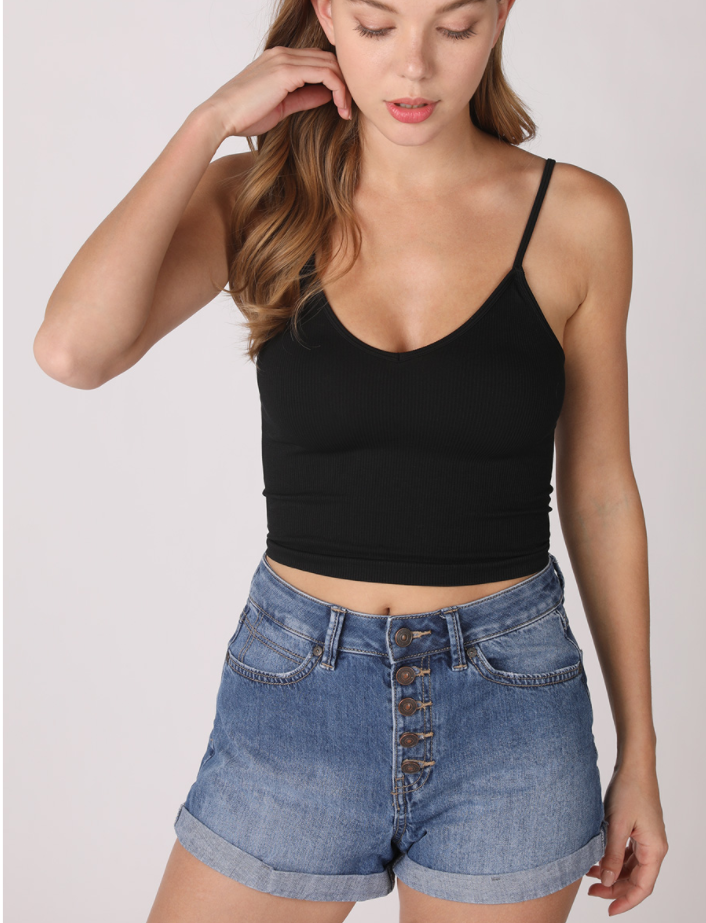 Ribbed v-neck crop top with spaghetti straps.