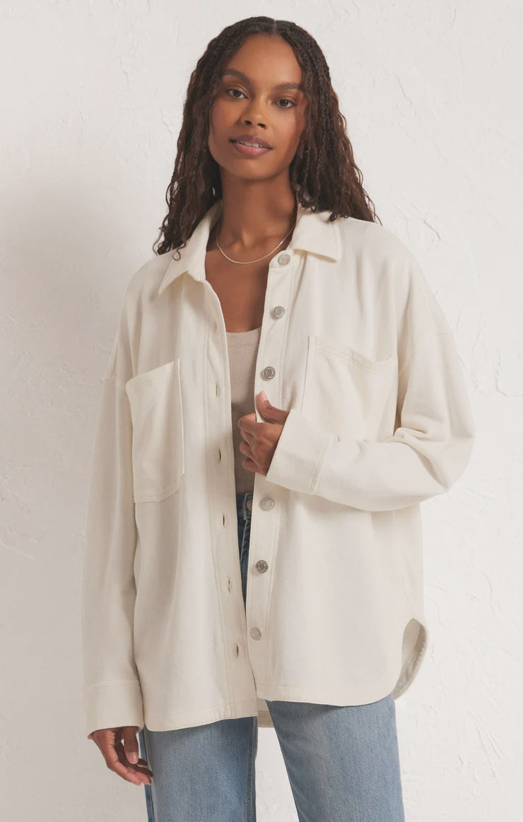 Oversized button up jacket with front pockets in color sandstone