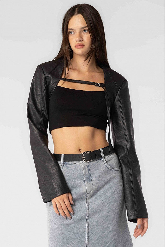 Black cropped coverup bolero style jacket with front strap.