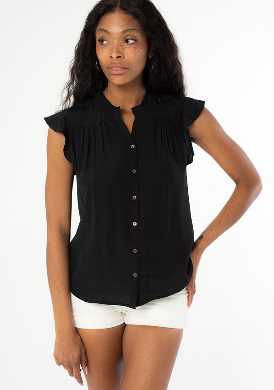 Short Sleeve Button Down Top With Ruffled Sleeves