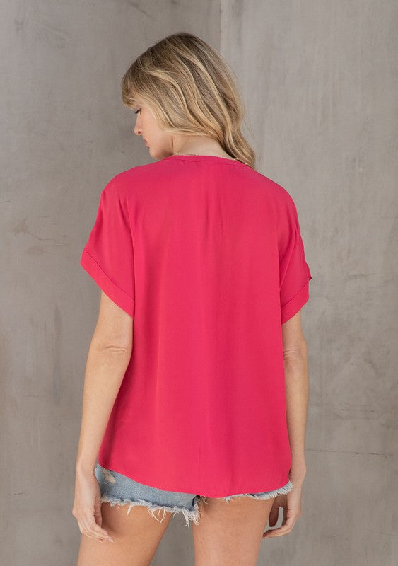 Silky Split Neck Top With Pleat Detail