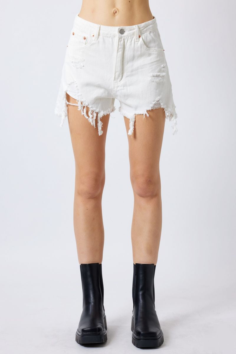 Off white distressed high waisted shorts.